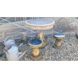 AN ORIENTAL DESIGN SALT GLAZED GARDEN TABLE AND STOOL SET WITH DRAGON DESIGN (TABLE TOP A/F).