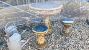 AN ORIENTAL DESIGN SALT GLAZED GARDEN TABLE AND STOOL SET WITH DRAGON DESIGN (TABLE TOP A/F).