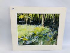 LIONEL WILDE (CONTEMPORARY) 'BLUEBELL WOOD, NORFOLK' ACRYLIC ON CANVAS, SIGNED. 39 X 49CM.