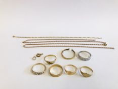 5 VARIOUS 9CT GOLD LADIES RINGS ALONG WITH A FINE 9CT GOLD BRACELET AND A YELLOW METAL NECKLACE A/F