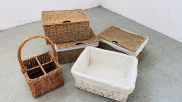 A GROUP OF 3 MODERN SEAGRASS STORAGE BASKETS + A WICKER EXAMPLE ALONG WITH A WICKER WINE CARRIER.