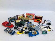 A BOX CONTAINING A QUANTITY OF ASSORTED DIE-CAST MODEL VEHICLES TO INCLUDE BOXED MATCHBOX EXAMPLES