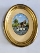 REX FLOOD: 20th CENTURY OIL ON OVAL PANEL DEPICTING A "HEN AND HER CHICKS" H 12CM X W 9CM.