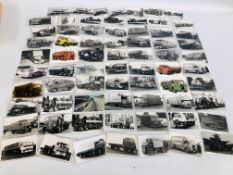 A COLLECTION OF BLACK AND WHITE POSTCARDS AND PHOTOGRAPHS RELATING TO VARIOUS VINTAGE TRUCKS ETC.