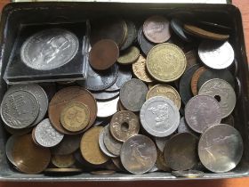 COINS: TIN WITH MIXED GB AND OVERSEAS WITH 1935 CROWN, SILVER, IRELAND, BADEN 1907 2m,