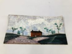 AMERICAN SCHOOL (20TH CENTURY) FOLK ART - 'DISTANT HOUSE WITH NEARBY SHEEP' OIL ON PAPER,