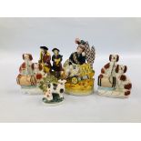 A COLLECTION OF 5 STAFFORDSHIRE FLATBACKS INCLUDING SPANIELS, COW, GOLFERS ETC.