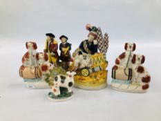 A COLLECTION OF 5 STAFFORDSHIRE FLATBACKS INCLUDING SPANIELS, COW, GOLFERS ETC.