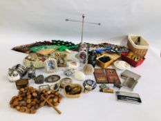 A BOX OF COLLECTIBLES TO INCLUDE A WOODEN CHEST SET, MINIATURE ENAMELED TEAPOT,