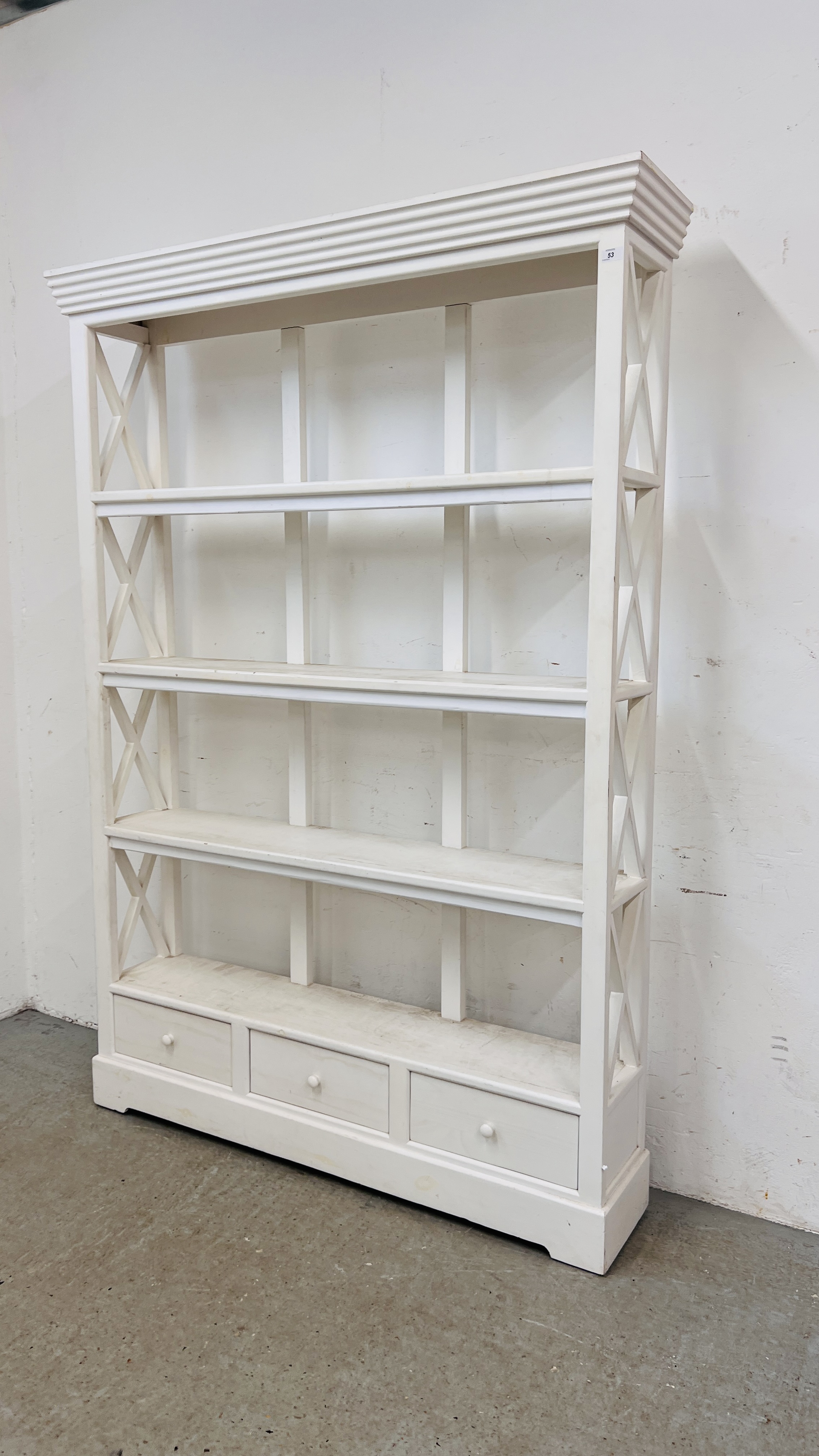 A WHITE PAINTED FOUR TIER BOOKSHELF WITH DRAWERS TO BASE - HEIGHT 200CM. WIDTH 132CM. DEPTH 30CM. - Image 2 of 12