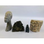 A GROUP OF ETHNIC HARDSTONE CARVINGS TO INCLUDE A TRIBAL BUST ETC.