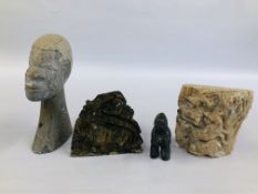 A GROUP OF ETHNIC HARDSTONE CARVINGS TO INCLUDE A TRIBAL BUST ETC.