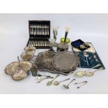A BOX OF ASSORTED SILVER PLATED TO INCLUDE A 24 PIECE CASED MOTHER OF PEARL DESERT SET,