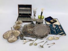 A BOX OF ASSORTED SILVER PLATED TO INCLUDE A 24 PIECE CASED MOTHER OF PEARL DESERT SET,