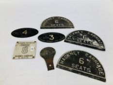 3 VINTAGE HALF MOON CAST ALUMINIUM HACKNEY CARRIAGE "6 SEATS PLAQUES" ALONG WITH 2 FURTHER PRIVATE