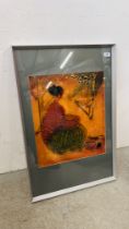 A FRAMED ETHNIC SCREEN PRINT BEARING INDISTINCT SIGNATURE, W 41 X H 49CM.