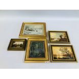 A GROUP OF ORIGINAL FRAMED ARTWORKS TO INCLUDE A SNOWY COTTAGE SCENE,