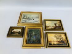 A GROUP OF ORIGINAL FRAMED ARTWORKS TO INCLUDE A SNOWY COTTAGE SCENE,