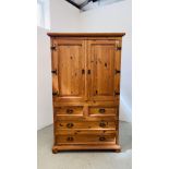 A PINE AND METAL CRAFT 2 DOOR CUPBOARD WARDROBE ON 2 OVER 2 DRAWER CHEST,