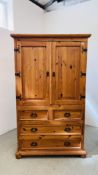 A PINE AND METAL CRAFT 2 DOOR CUPBOARD WARDROBE ON 2 OVER 2 DRAWER CHEST,