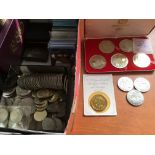 COINS: BOX WITH MIXED £5 CROWNS (4), £2 (12), TOWER MINT MEDALLIONS, 1970 PROOF SET ETC.