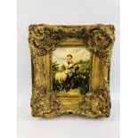 AN ELABORATE GILT FRAMED OIL ON BOARD DEPICTING A YOUNG GIRL HOLDING A LAMB BEARING SIGNATURE