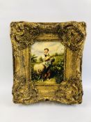 AN ELABORATE GILT FRAMED OIL ON BOARD DEPICTING A YOUNG GIRL HOLDING A LAMB BEARING SIGNATURE