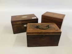 A GROUP OF 3 VINTAGE TEA CADDIES TO INCLUDE A ROSEWOOD EXAMPLE.