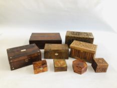 A GROUP OF 9 ASSORTED BOXES / CADDIES TO INCLUDE ROSEWOOD,