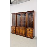 QUALITY REPRODUCTION THREE SECTION MAHOGANY FINISH GLAZED TOP WALL UNIT - OVERALL WIDTH 201CM.