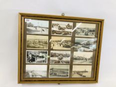 12 GREAT YARMOUTH AND GORLESTON POSTCARDS MOUNTED IN FRAME.