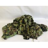 A BOX OF CAMOUFLAGE CLOTHING TO INCLUDE APPROX 5 JACKETS AND 8 PAIRS OF TROUSERS, VARIOUS SIZES.