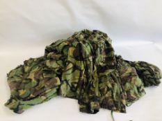 A BOX OF CAMOUFLAGE CLOTHING TO INCLUDE APPROX 5 JACKETS AND 8 PAIRS OF TROUSERS, VARIOUS SIZES.