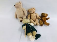 FOUR VINTAGE TEDDY BEARS INCLUDING "POORLY TED".