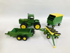 A COLLECTION OF 4 "ERTL" JOHN DEERE MODELS TO INCLUDE PIVOT STEER TRACTOR AND MUCK SPREADER,