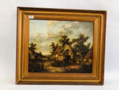 SUFFOLK SCHOOL (19TH CENTURY) 'BUSY FARMYARD SCENE' OIL ON CANVAS A/F - 42 X 51CM.