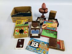 A BOX OF VINTAGE GAMES AND PLAYING CARDS ZOO AND FARM ANIMALS + 8 CERAMIC COASTERS DEPICTING OWLS.