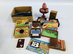 A BOX OF VINTAGE GAMES AND PLAYING CARDS ZOO AND FARM ANIMALS + 8 CERAMIC COASTERS DEPICTING OWLS.
