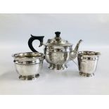 AN ANTIQUE SILVER THREE PIECE TEASET, SHEFFIELD ASSAY E.V. BEARING PRESENTATION INSCRIPTION.