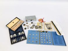 A BOX OF COLLECTIBLES TO INCLUDE COINAGE, SOME EXAMPLES IN PENDANT MOUNTS,