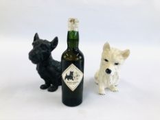 TWO VINTAGE CAST SPELTER ADVERTISING TERRIER STUDIES APPROX H 19CM ALONG WITH A BOTTLE OF BLENDED