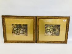 A PAIR OF PERIOD GILT FRAMED STILL LIFE WATERCOLOURS, ONE EXAMPLE DEPICTING WILD NEST AMONG FLOWERS,