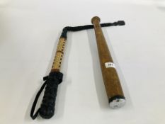 ANTIQUE POLICE TRUNCHEON + LEATHER BOUND WHIP.