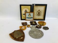 GROUP OF VINTAGE MILITARY PLAQUES + CAP BADGES TO INCLUDE ROYAL ENGINEERS, LIGHT INFANTRY,