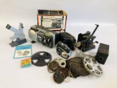 COLLECTION OF MIXED VINTAGE CAMERA EQUIPMENT INCLUDING FILM REELS,