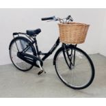 A LADIES RALEIGH ELEGANCE STEP THROUGH 5 SPEED BICYCLE WITH WICKER FRONT BASKET,