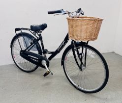 A LADIES RALEIGH ELEGANCE STEP THROUGH 5 SPEED BICYCLE WITH WICKER FRONT BASKET,