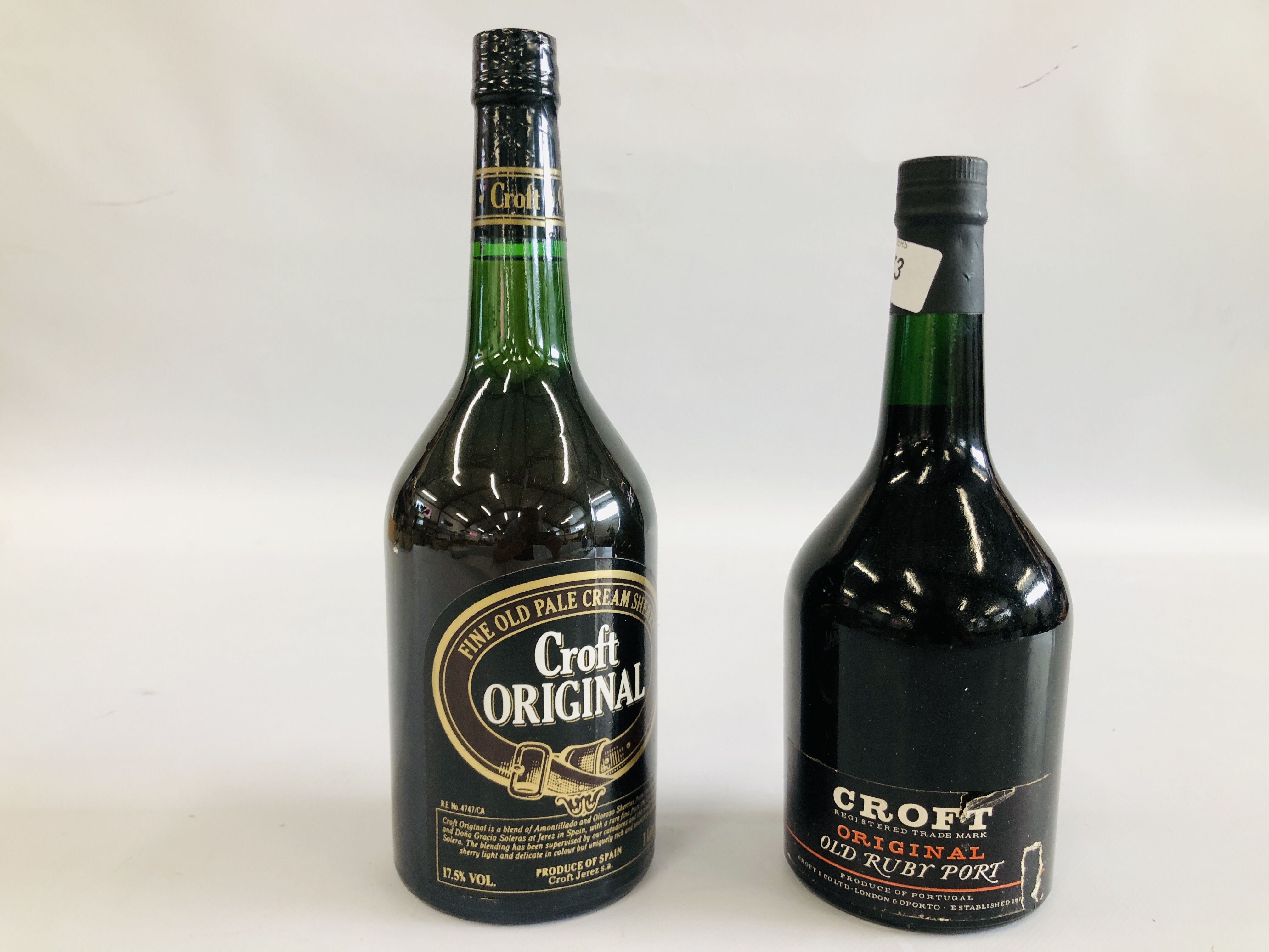 A 1 LITRE BOTTLE OF CROFT ORIGINAL SHERRY + A BOTTLE OF CROFT ORIGINAL OLD RUBY PORT.