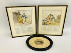 AN OVAL FRAMED WATERCOLOUR DEPICTING A HORSE IN A STABLE AND TWO ANTIQUE FRAMED SONG SHEETS DATED