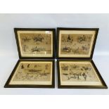 A GROUP OF 4 VINTAGE FRAMED HORSE RACING SKETCH / BOOK PLATES, NEWMARKET INTEREST - W 37CM X H 27CM.